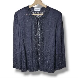 Brilliante Vintage Sheer Black Lace Evening Topper Size M Open Front Beaded